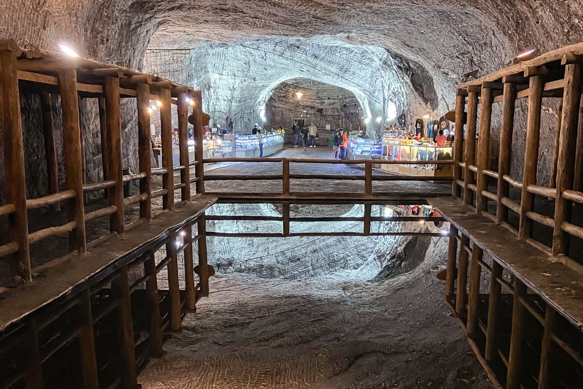 Underground gallery with a reflecting pool and shops inside the Zipaquirá salt mine