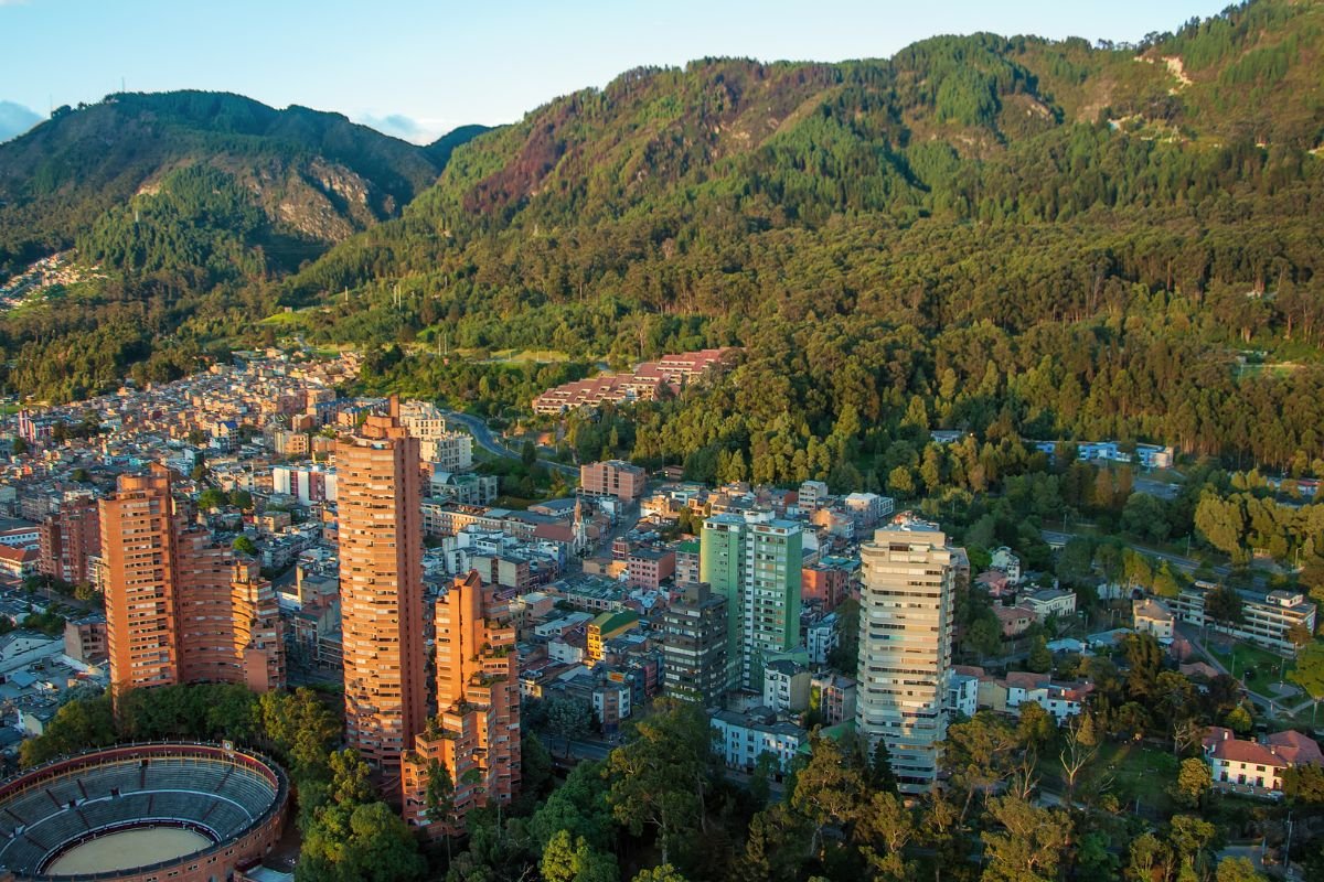 Aerial view of Bogotá's Torres del Parque and the eastern hills